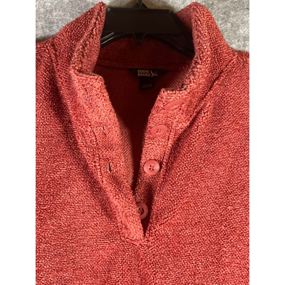 Eddie Bauer Womens XL Rust Textured Fleece Button Neck Pullover Sweater Pocket